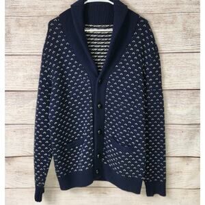 J.Crew Shawl Neck Lambswool Cardigan Cream and Navy Nordic Sweater Men Large